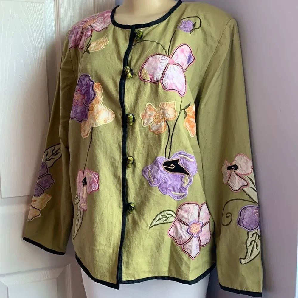 Indigo Moon QVC Embellished Blazer Button Down Jacket M Sage Green Floral